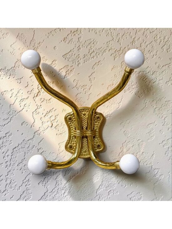Other - Solid Brass Four Arm Cloak Hook with White Porcelain Knobs